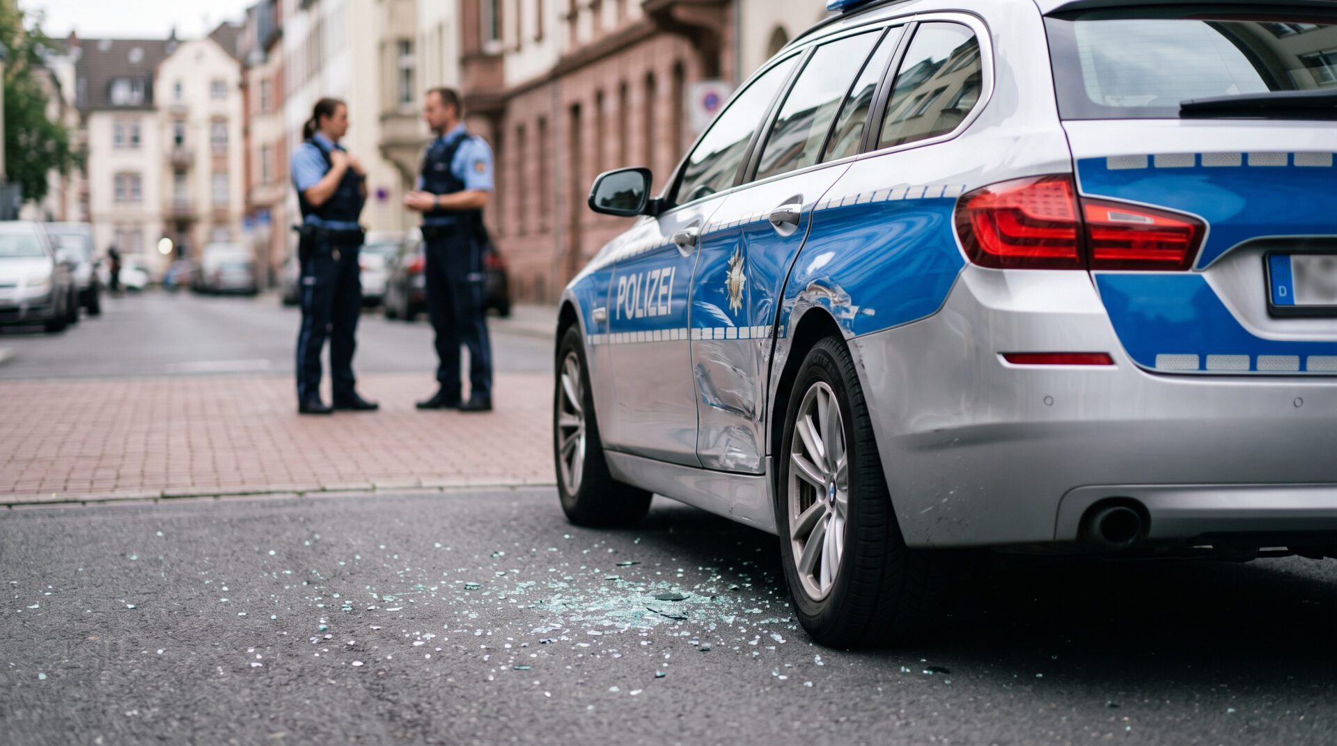 Defektes Polizeifahrzeug mit Dellen an der Seitenwand liegt auf einer normalen Stadtstraße, Glassplitter am Asphalt.