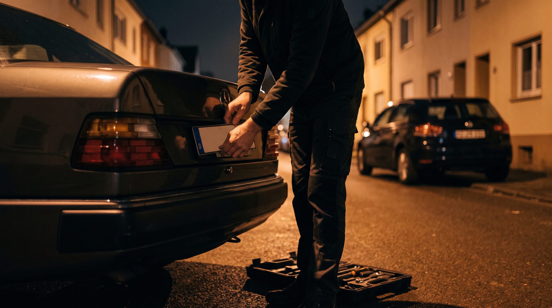 Hände drücken ein Kfz-Kennzeichen-Duplikat auf die Rückseite eines geparkten Autos, Werkzeug und zweites Fahrzeug im nächtlichen Hintergrund.